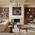 Elegant Living Room Interior Design With Decorative Ceiling Chandelier Circular Painting Fireplace And Beige Sofa