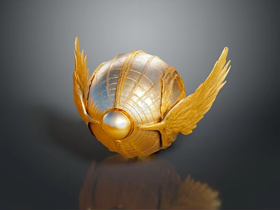 Intricate Golden Ornament With Shiny Wings And Central Pearl Design 3d model