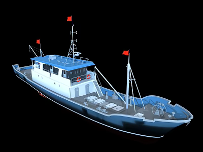 Wooden Fishing Boat With Blue Roof White Cabin Red Flags And Deck Railings 3d model