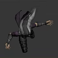 3D Female Fantasy Warrior With White Long Hair Dark Purple Armor Dynamic Pose Gray Background