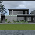 Modern Detached Villa With Large Glass Windows Gray Exterior And Colorful Garden