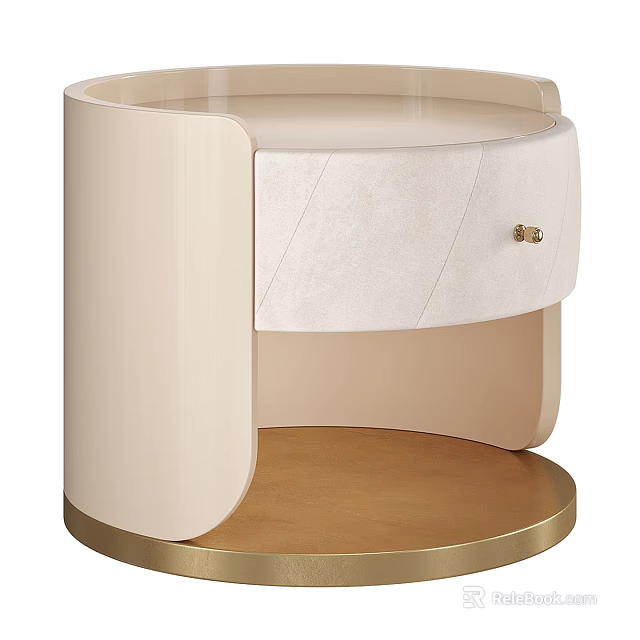 Modern Beige Bedside Table With Leather Drawer And Gold Round Base Design 3d model 