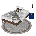 Children's Wooden Bed With White Bedding Zebra Print Blanket Blue Nightstand And Round Woven Rug