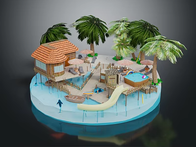 Cartoon Tropical Island Scene With Palm Trees Wooden Hut Slide And Swimming Pool 3d model