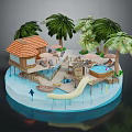 Cartoon Tropical Island Scene With Palm Trees Wooden Hut Slide And Swimming Pool