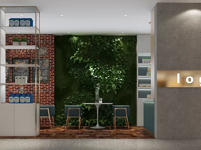 Specialty Store Interior With Living Plant Wall Brick Wall Shelves Seating Area And Logo Sign 3d model