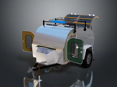 Solar Powered Travel Trailer With Silver Exterior Green Doors And Modern Design 3d model