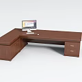 Modern Walnut Office Desk With Drawers And Laptop On Smooth Surface