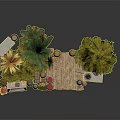 Outdoor Garden Decorative Scene With Wooden Deck White Shelves Green Plants And Clay Pots