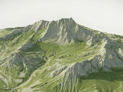 Garden Landscape With Green Mountain Rolling Terrain Grassy Slopes And Rocky Structures 3d model