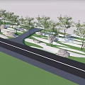 Park Landscape With Lush Trees Winding Pathway Decorative Rocks And Green Grass