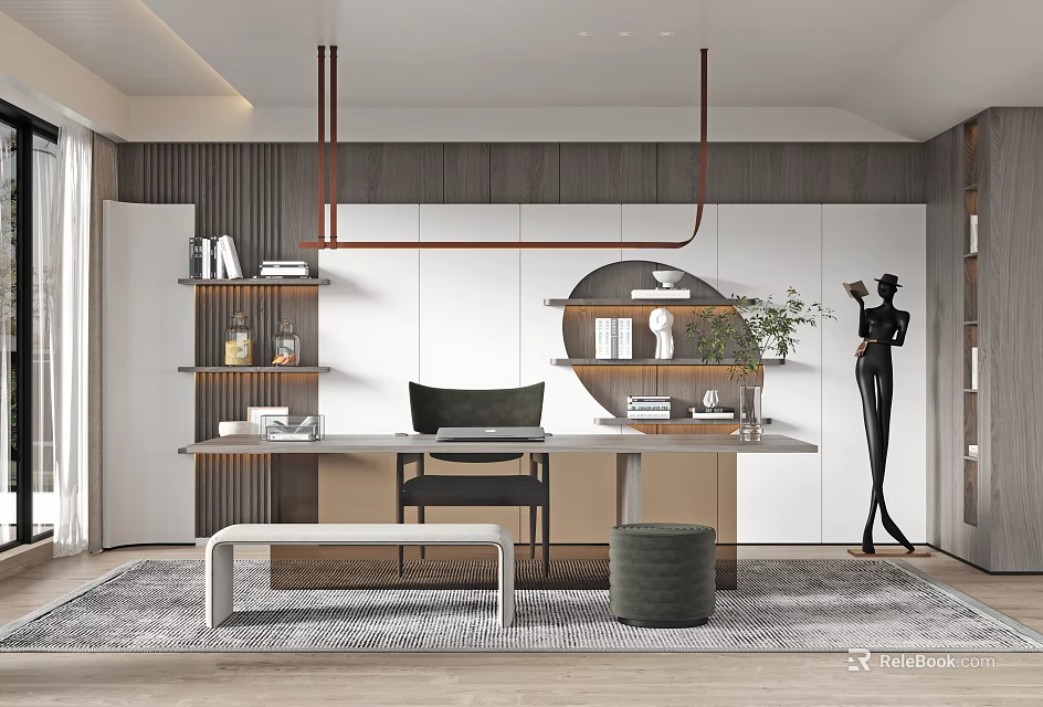 Modern Study Room Interior With Wooden Desk Chair Bookshelves Green Plant And Sculpture Decor 3d model 