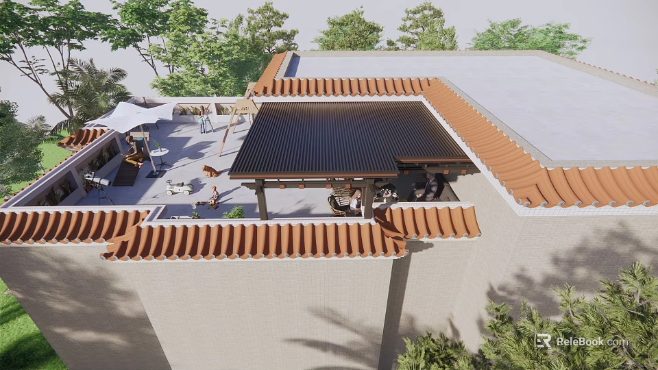 Outdoor Patio Cover With Red Tile Roof Shading Seating Area Among Green Trees 3d model 