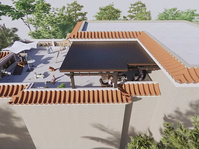 Outdoor Patio Cover With Red Tile Roof Shading Seating Area Among Green Trees 3d model