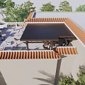 Outdoor Patio Cover With Red Tile Roof Shading Seating Area Among Green Trees