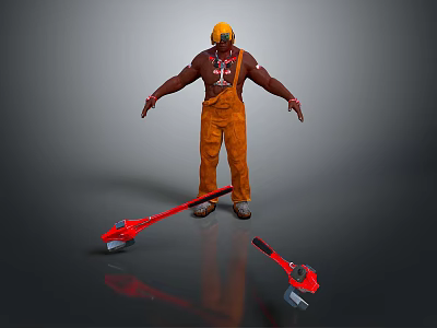 Man in yellow hard hat and orange work pants standing with red axes 3d model