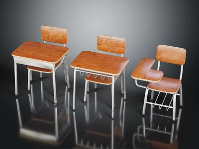 Simple Wooden Desks And Chairs Furniture Featuring Metal Legs And Backrests 3d model