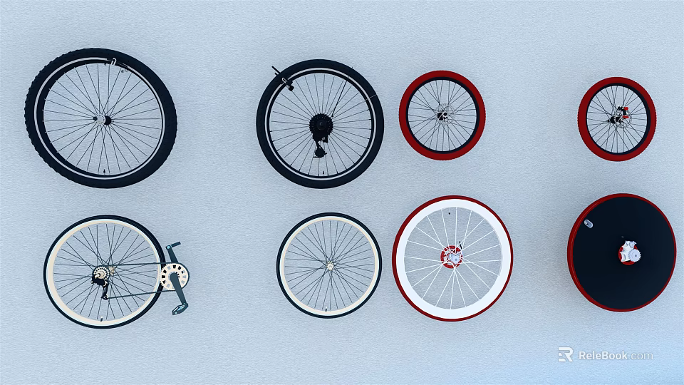Assorted Bicycle Tires with Black Red White Rims Arranged on White Background 3d model 