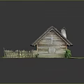 Rustic Wooden House With Thatched Roof Wooden Fence And Small Bush On Green Grass
