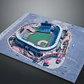 Detailed Baseball Stadium Model With Green Field Red Seats And Surrounding Architecture