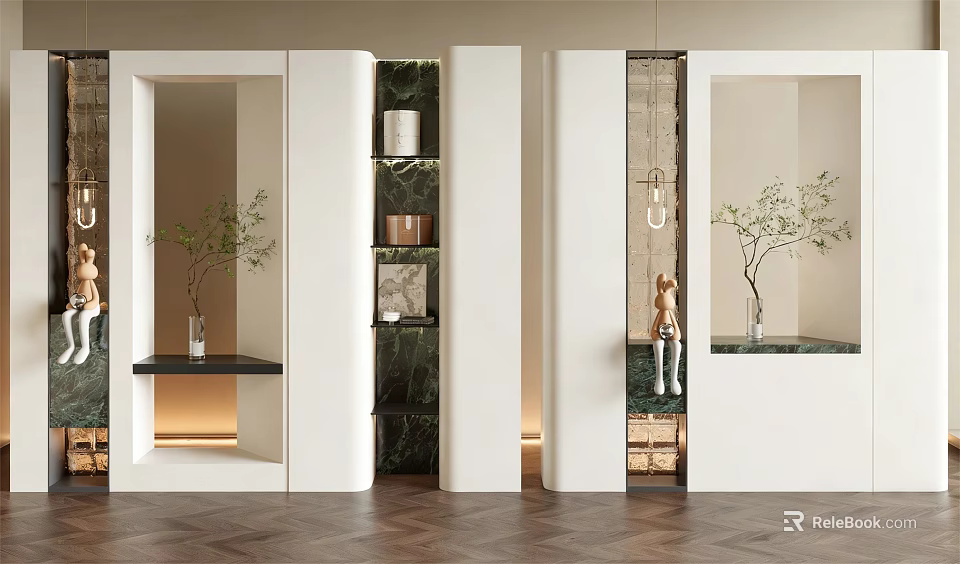Modern Room Partition Design With White Frame Marble Panel And Decorative Plants 3d model 