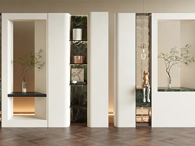 Modern Room Partition Design With White Frame Marble Panel And Decorative Plants 3d model