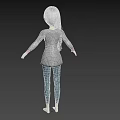 Woman With Long Gray Hair Wearing Pink Top Gray Cardigan Blue Jeans Barefoot On Black