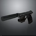 Tactical Combat Pistol With Suppressor Scope Metallic Body And Wooden Grip