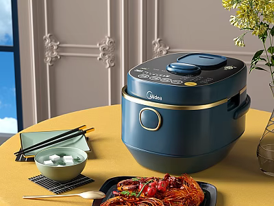 Midea Blue Rice Cooker On Yellow Kitchen Table With Cooked Noodles And Utensils 3d model