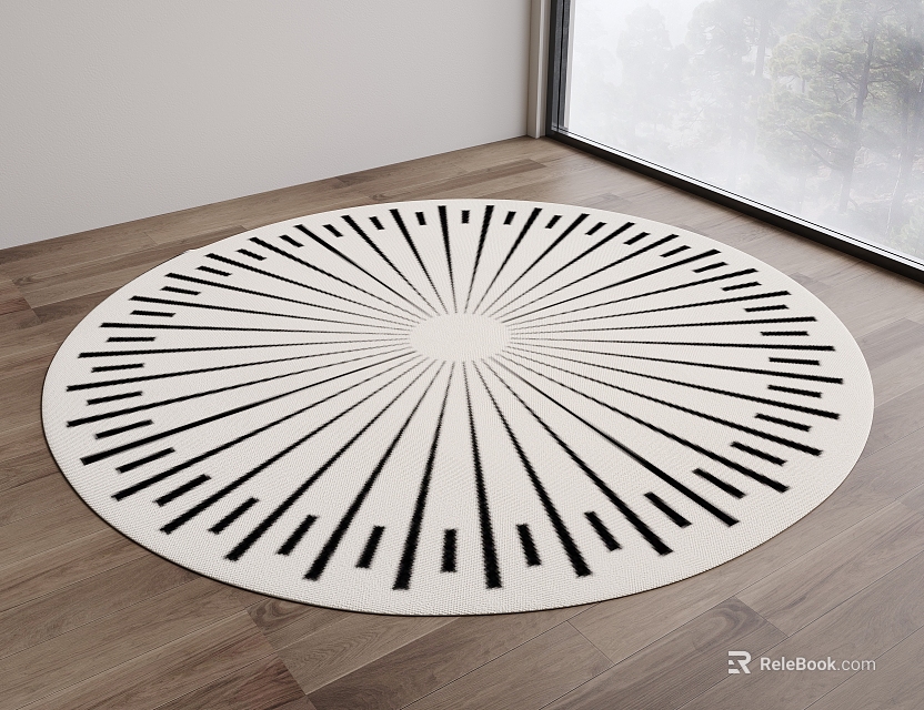 Round Rug with Radial Black and White Striped Pattern on Wooden Floor Near Window 3d model 