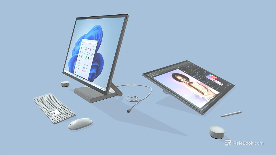 Modern Computer Setup With Monitor Keyboard Mouse Drawing Tablet And Stylus 3d model 