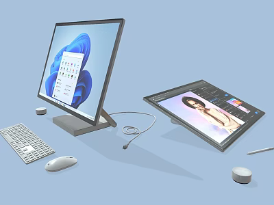 Modern Computer Setup With Monitor Keyboard Mouse Drawing Tablet And Stylus 3d model