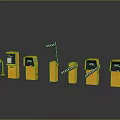 Various Yellow Parking Devices Arranged With Ticket Machines And Striped Barriers On Dark Surface