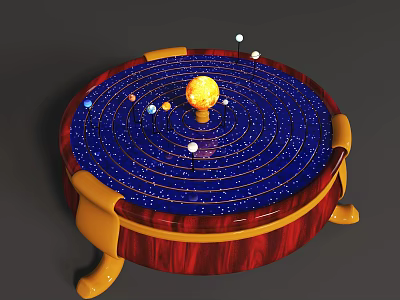 Solar System Model With Wooden Base Blue Starry Disk Yellow Sun And Planets 3d model