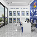 Police Office Interior With Workstations Cabinets Service Banner And Official Signage