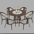 Elegant Round Dining Set with Six Light Colored Upholstered Chairs and Wooden Tabletop 3d model