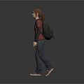 Woman Wearing Red Shirt And Blue Jeans With Backpack Walking On Gray Background