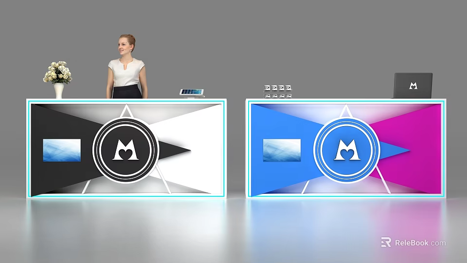 Modern Stylish Reception Desk With Circular Logo And Receptionist Standing By Tablet 3d model 