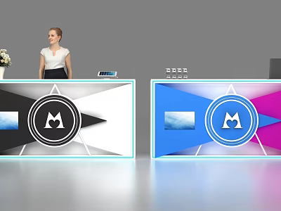 Modern Stylish Reception Desk With Circular Logo And Receptionist Standing By Tablet 3d model