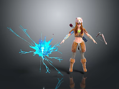 Woman In Leather Outfit With Fur Hat And Blue Lightning Effect Holding Bow 3d model