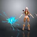 Woman In Leather Outfit With Fur Hat And Blue Lightning Effect Holding Bow