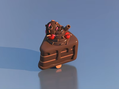 Delicious Chocolate Cake With Red Cherries And Decorations On Wooden Stick 3d model
