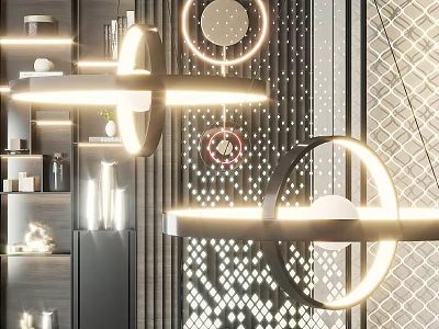 Modern Circular Pendant Lights With Illuminated Rings And Geometric Grille Background 3d model