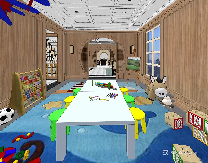 Kindergarten Activity Room With Wooden Walls Windows Colorful Stools White Table And Playful Toys 3d model 