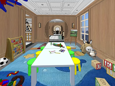 Kindergarten Activity Room With Wooden Walls Windows Colorful Stools White Table And Playful Toys 3d model