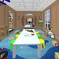 Kindergarten Activity Room With Wooden Walls Windows Colorful Stools White Table And Playful Toys