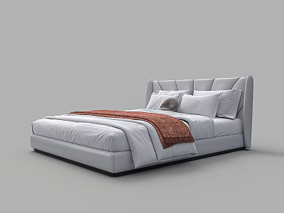 Modern Double Bed With Upholstered Headboard White Bedding And Brown Throw Blanket 3d model