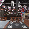 Japanese Style Restaurant Interior With Hanging Lanterns Wooden Tables And Shelves With Bottles