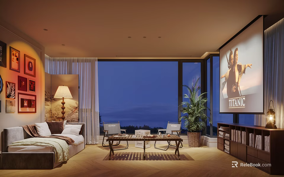 Elegant Hotel Room Interior With Night View Large Windows Sofa Coffee Table And TV 3d model