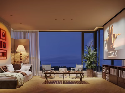 Elegant Hotel Room Interior With Night View Large Windows Sofa Coffee Table And TV 3d model